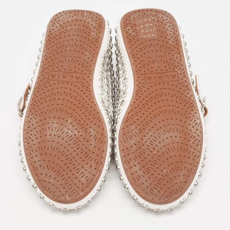 Pre Owned Alaia White Leather Crystal Embellished Mary Jane Ballet Flats Size 37