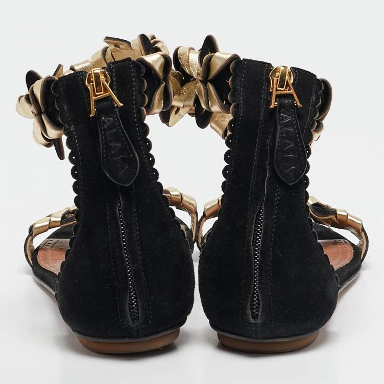 Pre Owned Alaia Black/Gold Leather and Suede Ankle Strap Flat Sandals Size 37