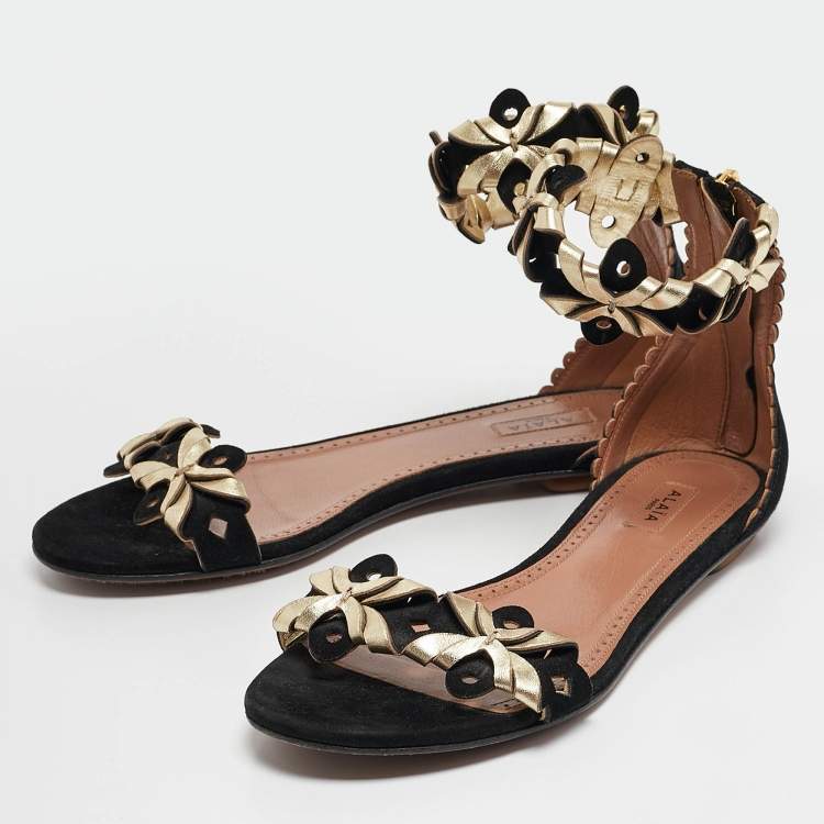 Pre Owned Alaia Black/Gold Leather and Suede Ankle Strap Flat Sandals Size 37
