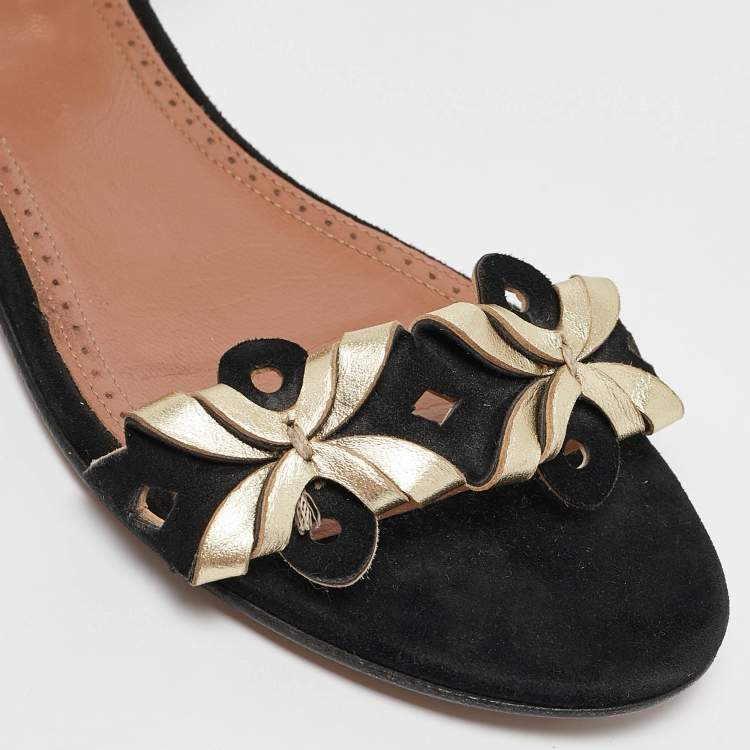 Pre Owned Alaia Black/Gold Leather and Suede Ankle Strap Flat Sandals Size 37