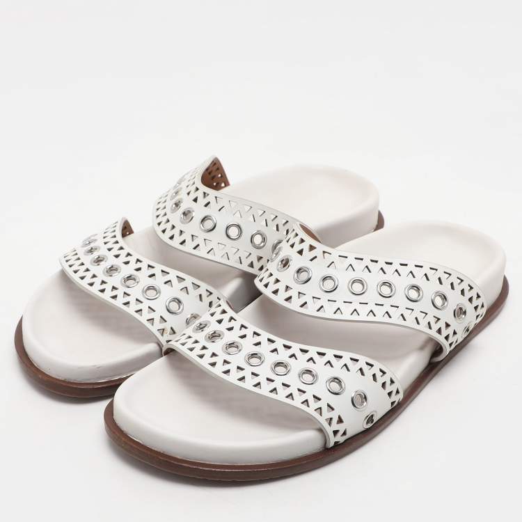 Pre Owned Alaia White Leather Grommet Flat Slides Size 36.5