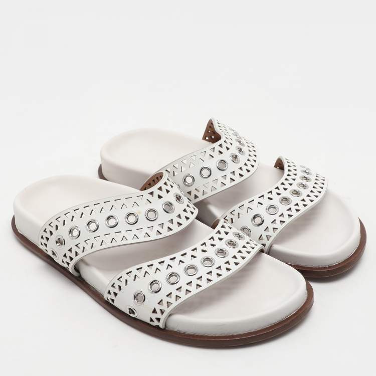 Pre Owned Alaia White Leather Grommet Flat Slides Size 36.5