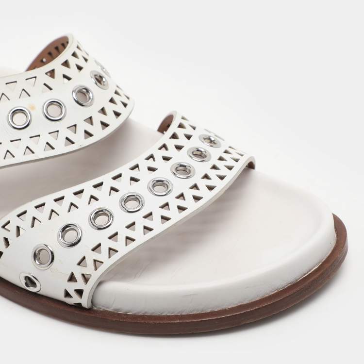 Pre Owned Alaia White Leather Grommet Flat Slides Size 36.5