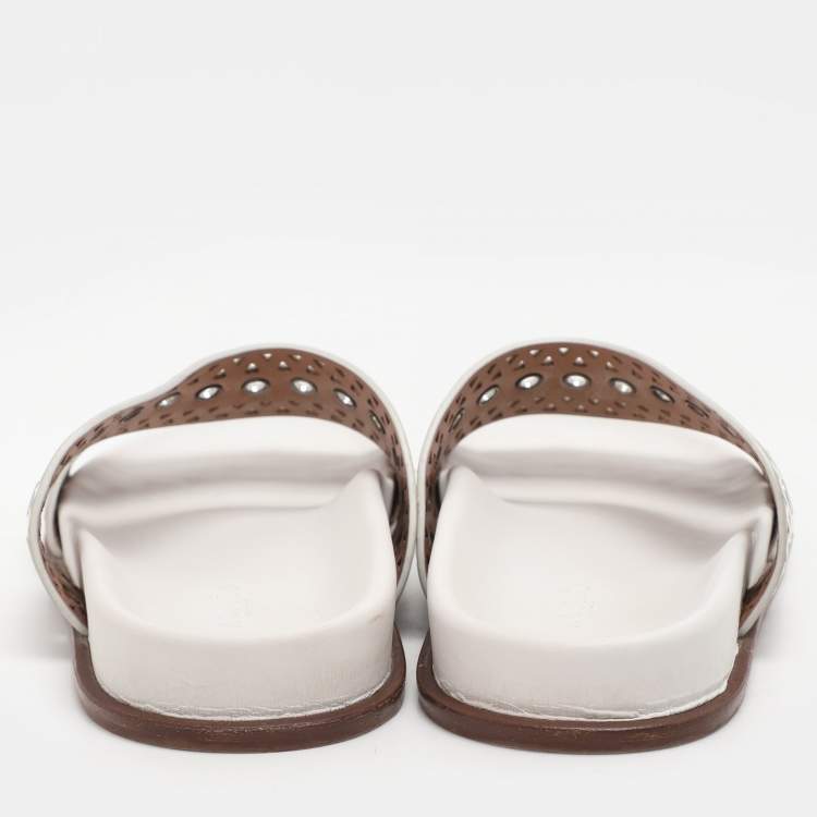 Pre Owned Alaia White Leather Grommet Flat Slides Size 36.5
