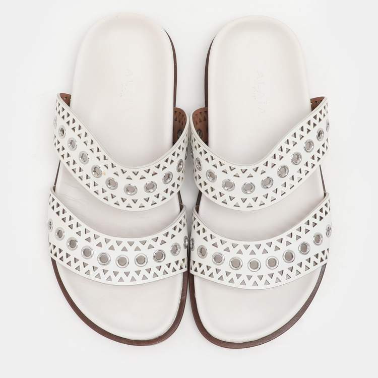 Pre Owned Alaia White Leather Grommet Flat Slides Size 36.5