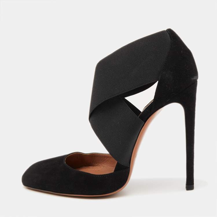 Pre Owned Alaia Black Suede and Stretch Fabric Cross Strap Pumps Size 38.5