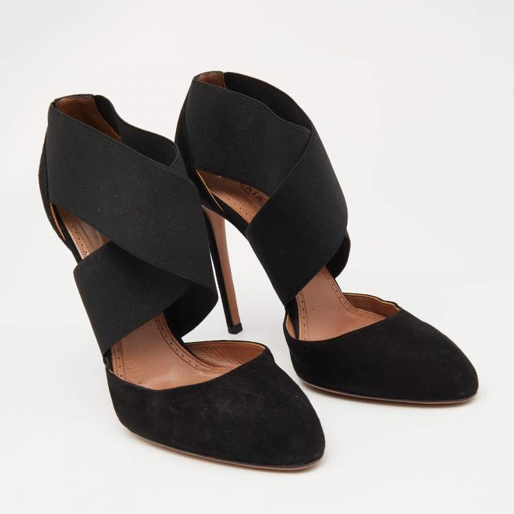 Pre Owned Alaia Black Suede and Stretch Fabric Cross Strap Pumps Size 38.5