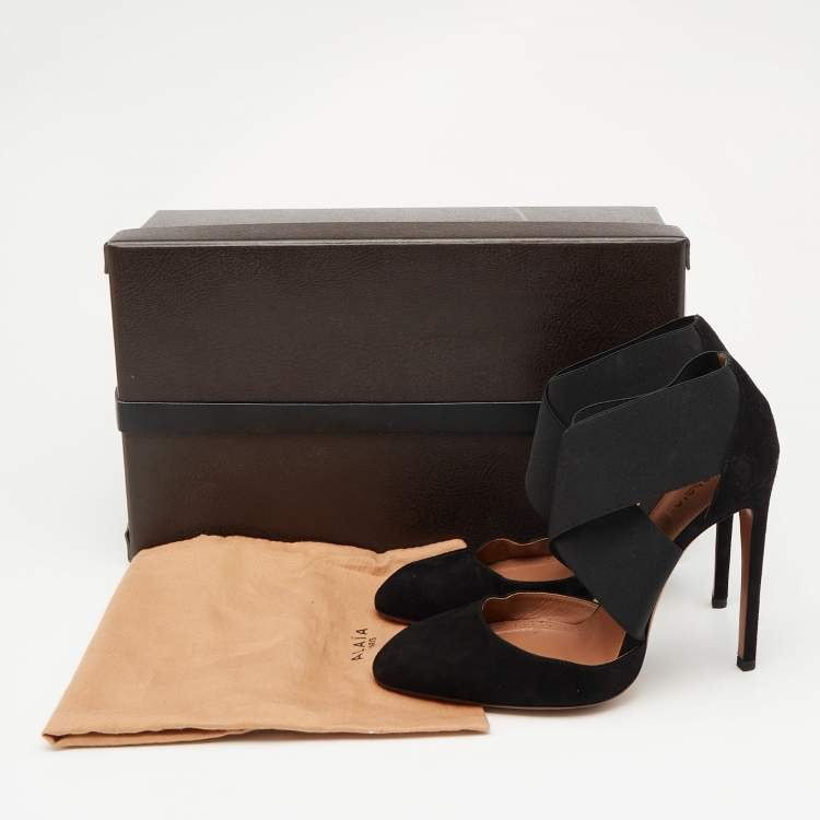 Pre Owned Alaia Black Suede and Stretch Fabric Cross Strap Pumps Size 38.5