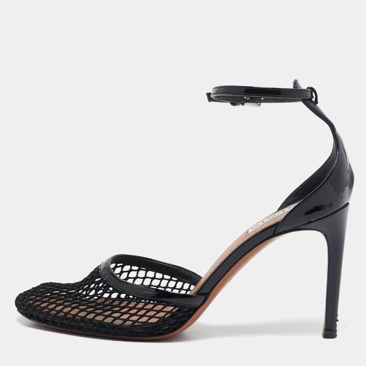 Pre Owned Alaia Black Mesh and Patent Leather Fishnet Ankle Strap Sandals Size 36