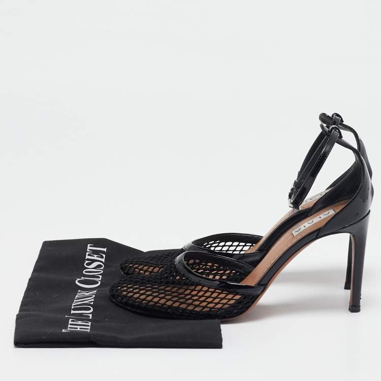Pre Owned Alaia Black Mesh and Patent Leather Fishnet Ankle Strap Sandals Size 36