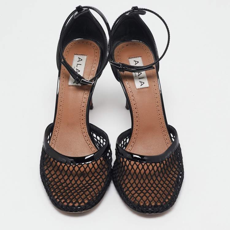 Pre Owned Alaia Black Mesh and Patent Leather Fishnet Ankle Strap Sandals Size 36