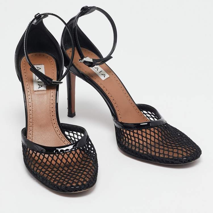 Pre Owned Alaia Black Mesh and Patent Leather Fishnet Ankle Strap Sandals Size 36