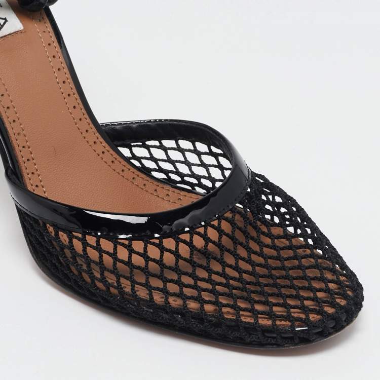 Pre Owned Alaia Black Mesh and Patent Leather Fishnet Ankle Strap Sandals Size 36