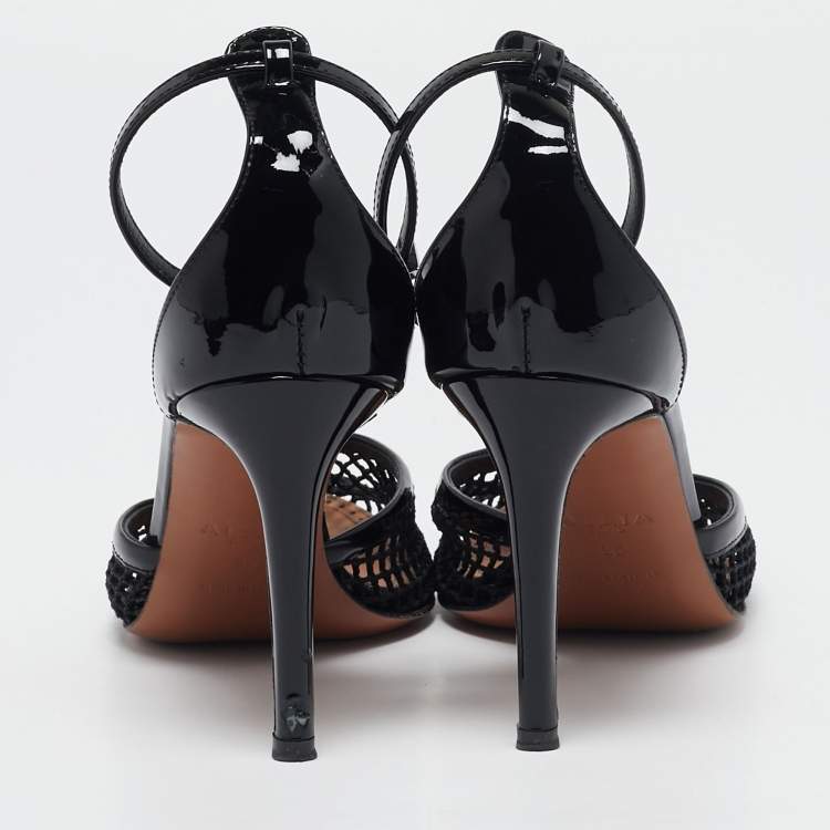 Pre Owned Alaia Black Mesh and Patent Leather Fishnet Ankle Strap Sandals Size 36