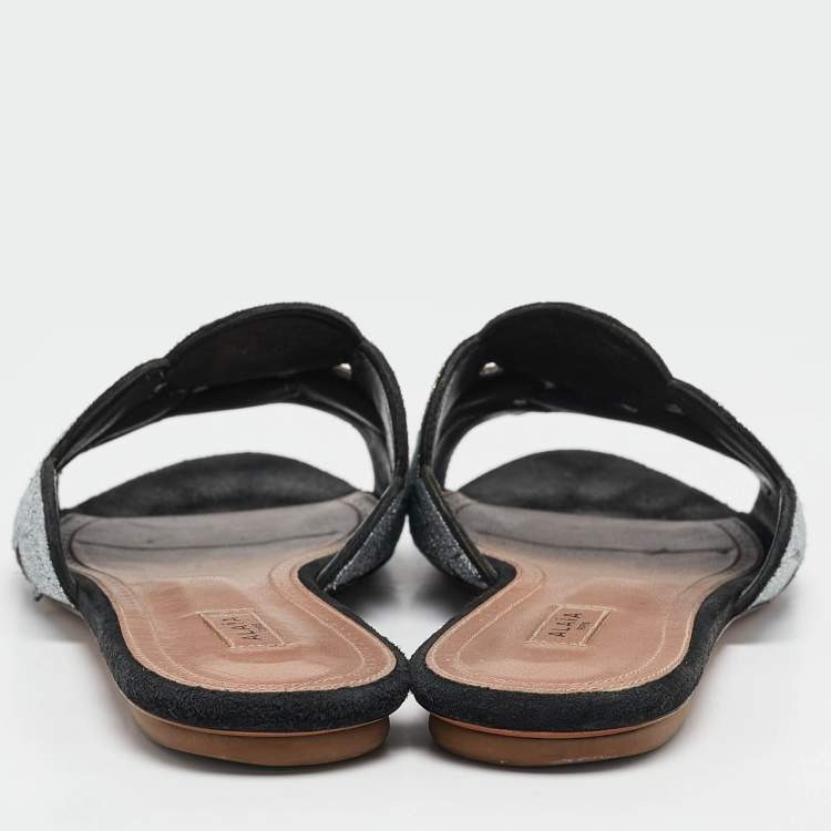 Pre Owned Alaia Black/Silver Glitter and Suede Flat Slides Size 40