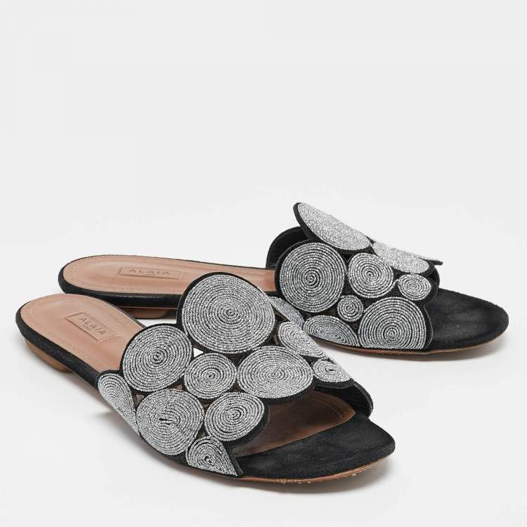Pre Owned Alaia Black/Silver Glitter and Suede Flat Slides Size 40
