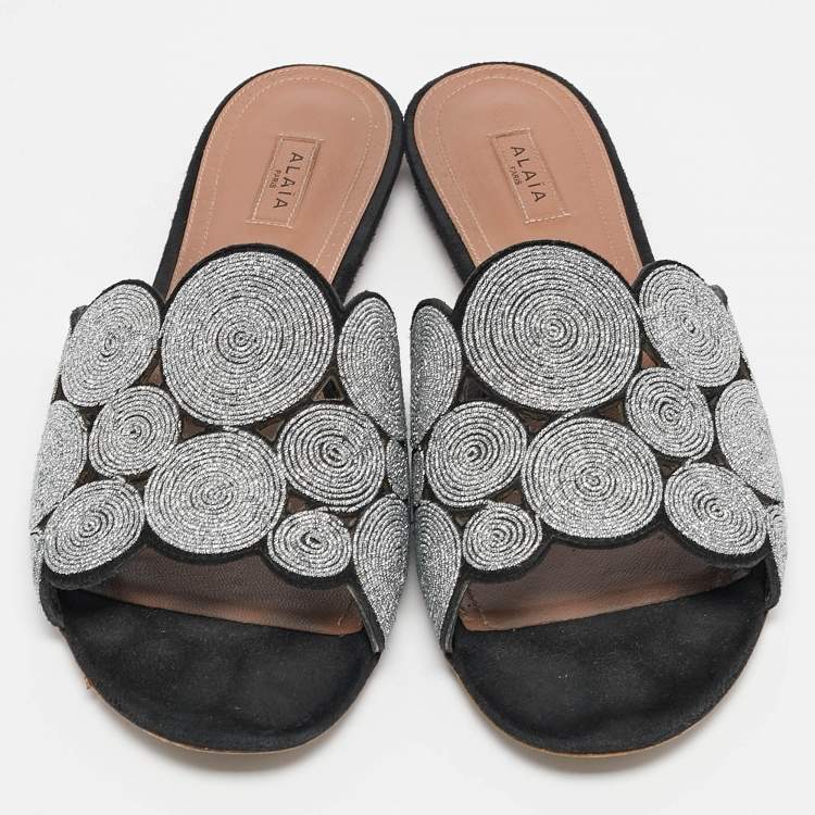Pre Owned Alaia Black/Silver Glitter and Suede Flat Slides Size 40