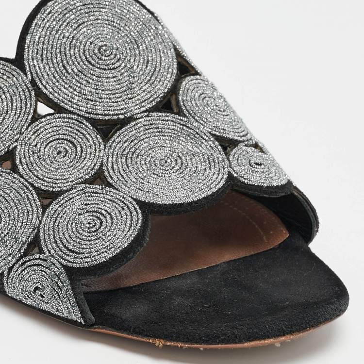 Pre Owned Alaia Black/Silver Glitter and Suede Flat Slides Size 40