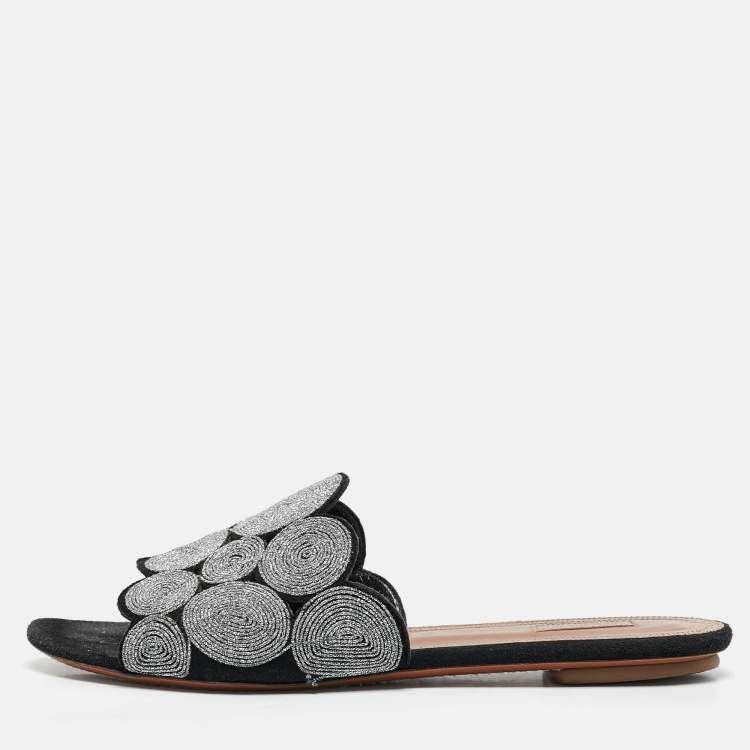 Pre Owned Alaia Black/Silver Glitter and Suede Flat Slides Size 40
