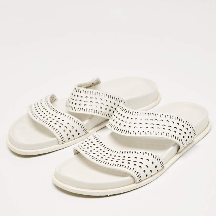 Pre Owned Alaia White Perforated Leather Flat Slides Size 40