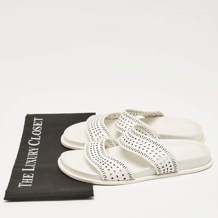 Pre Owned Alaia White Perforated Leather Flat Slides Size 40