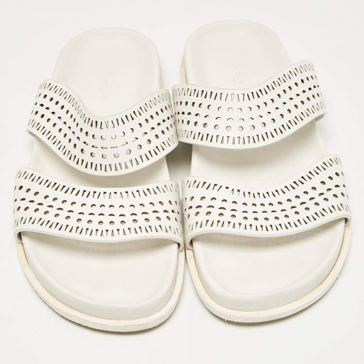 Pre Owned Alaia White Perforated Leather Flat Slides Size 40