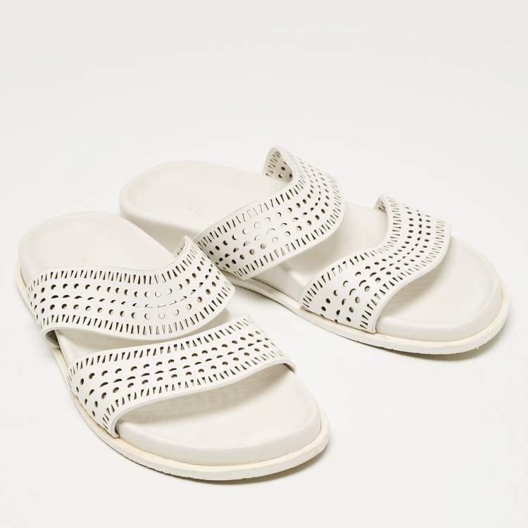 Pre Owned Alaia White Perforated Leather Flat Slides Size 40