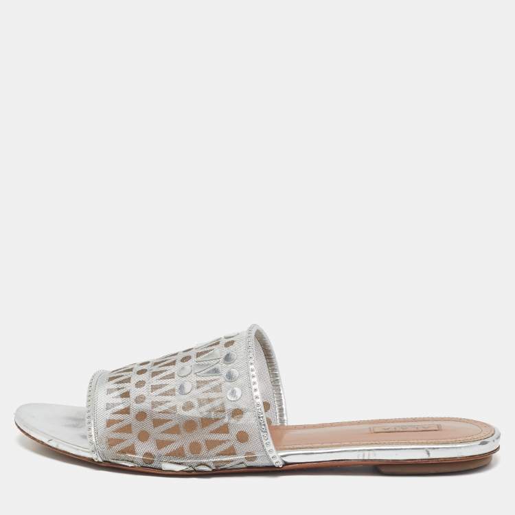 Pre Owned Alaia Silver Leather and Net Flat Slides Size 40