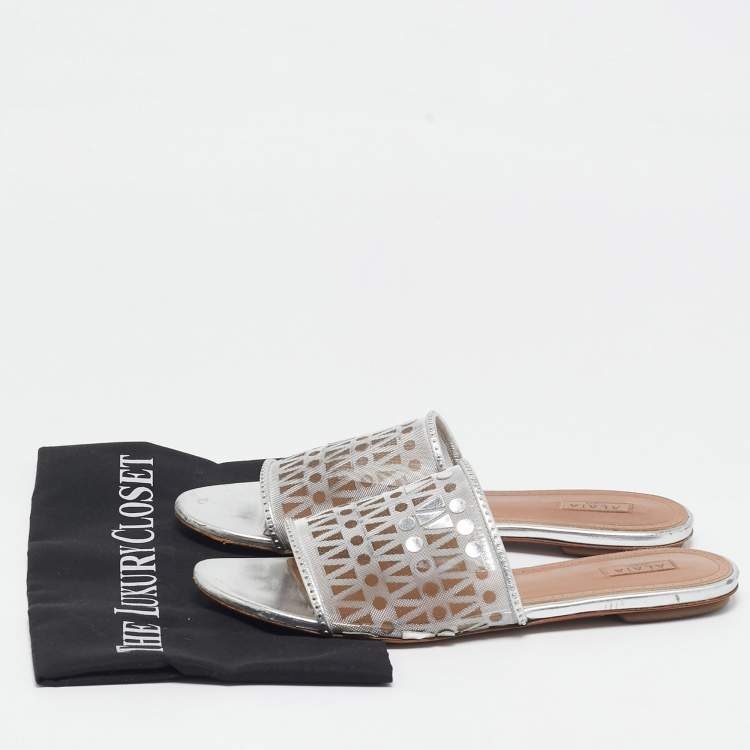 Pre Owned Alaia Silver Leather and Net Flat Slides Size 40