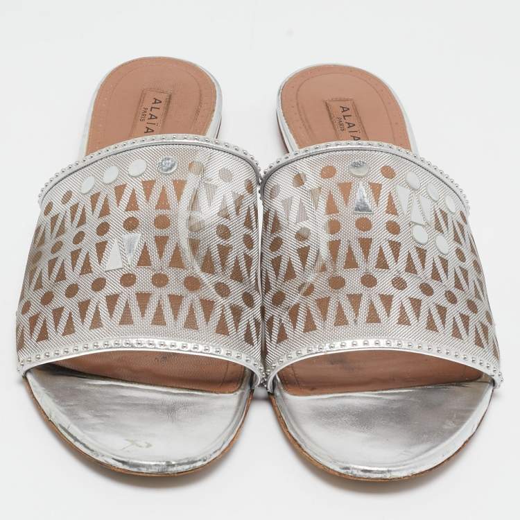 Pre Owned Alaia Silver Leather and Net Flat Slides Size 40