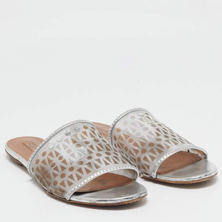 Pre Owned Alaia Silver Leather and Net Flat Slides Size 40