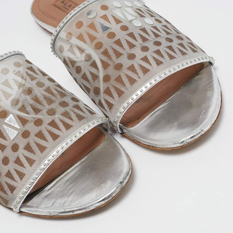Pre Owned Alaia Silver Leather and Net Flat Slides Size 40