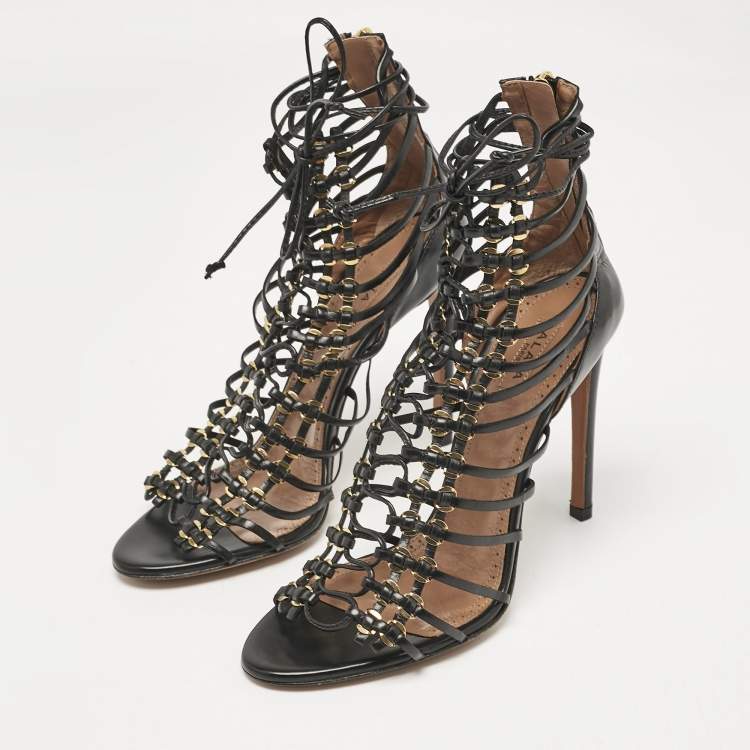 Pre Owned Alaia Black Leather Ankle Tie Sandals Size 37.5