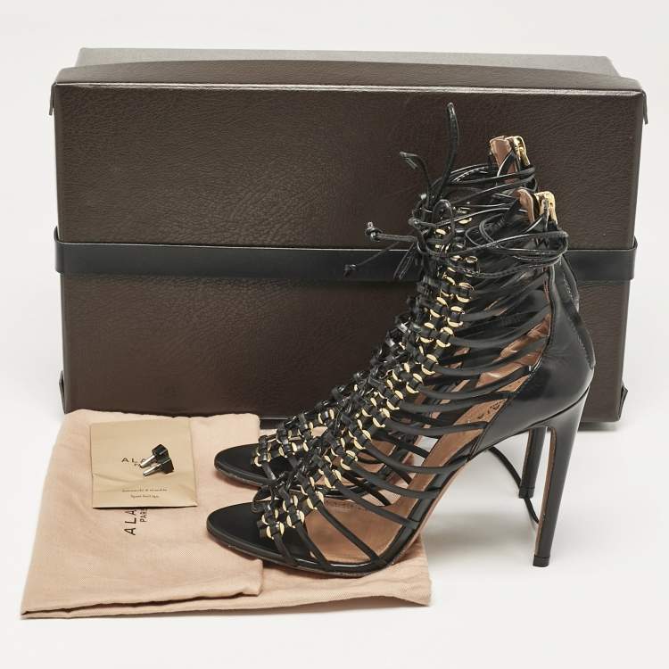 Pre Owned Alaia Black Leather Ankle Tie Sandals Size 37.5