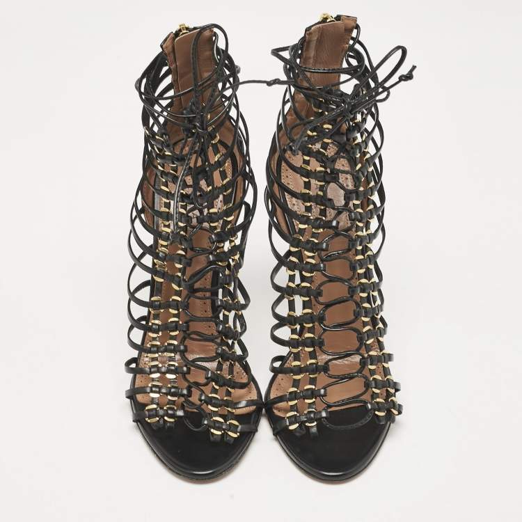 Pre Owned Alaia Black Leather Ankle Tie Sandals Size 37.5