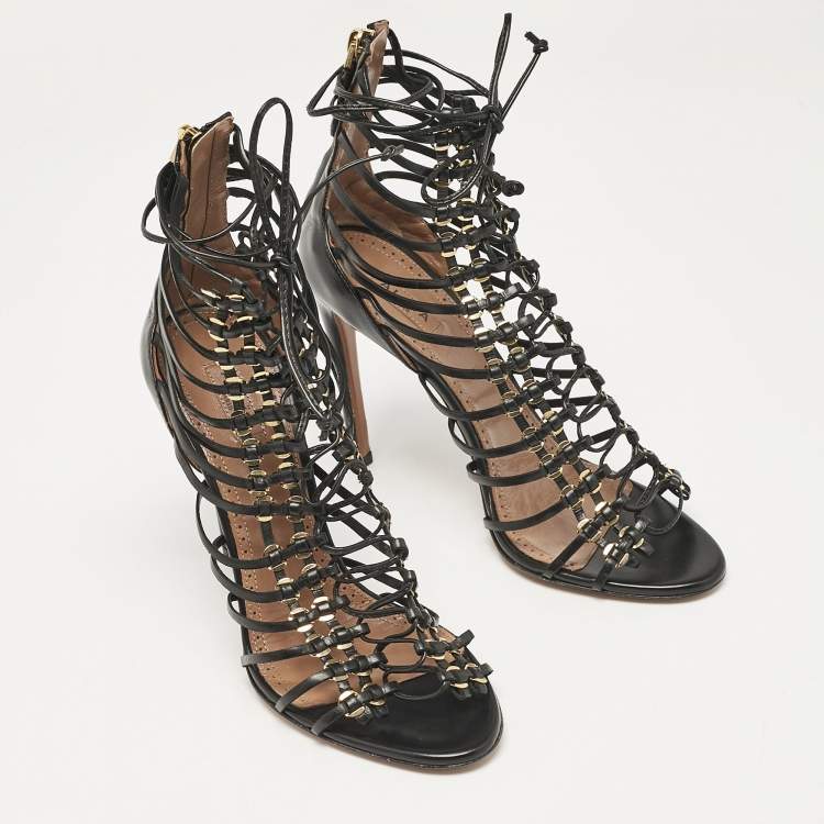 Pre Owned Alaia Black Leather Ankle Tie Sandals Size 37.5