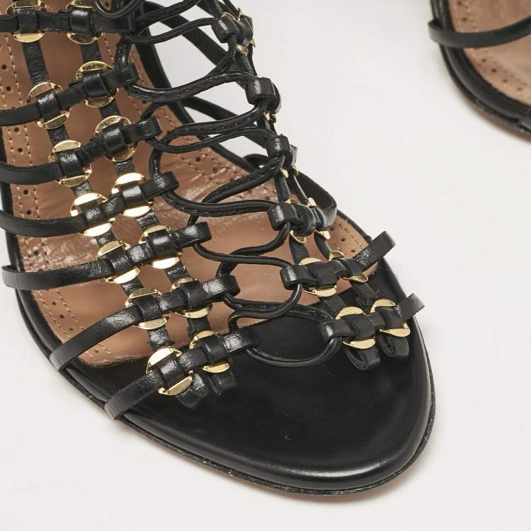 Pre Owned Alaia Black Leather Ankle Tie Sandals Size 37.5