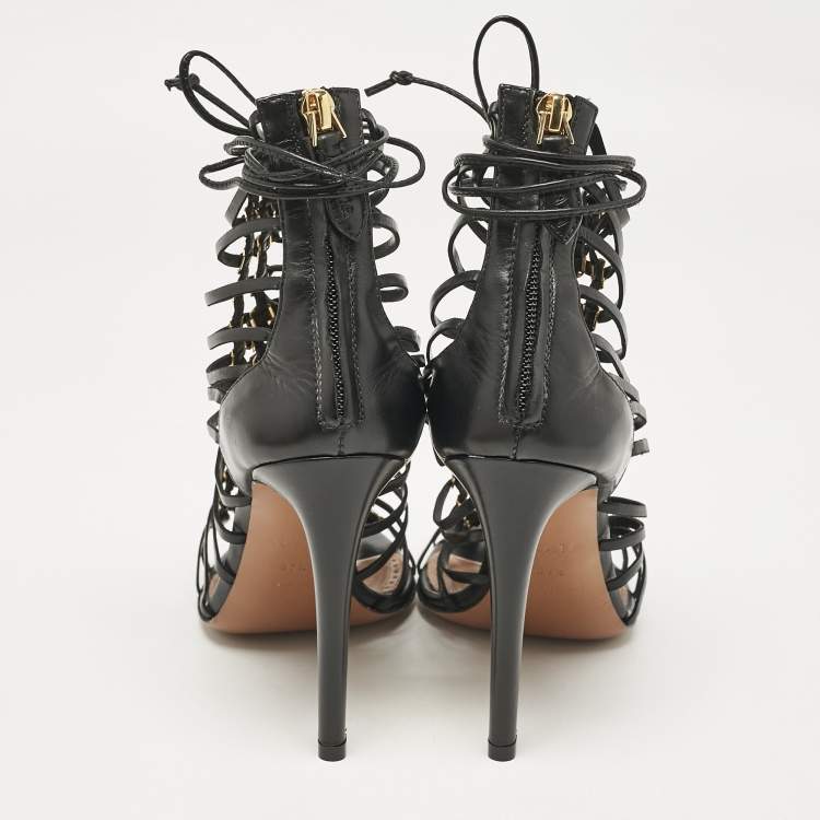 Pre Owned Alaia Black Leather Ankle Tie Sandals Size 37.5