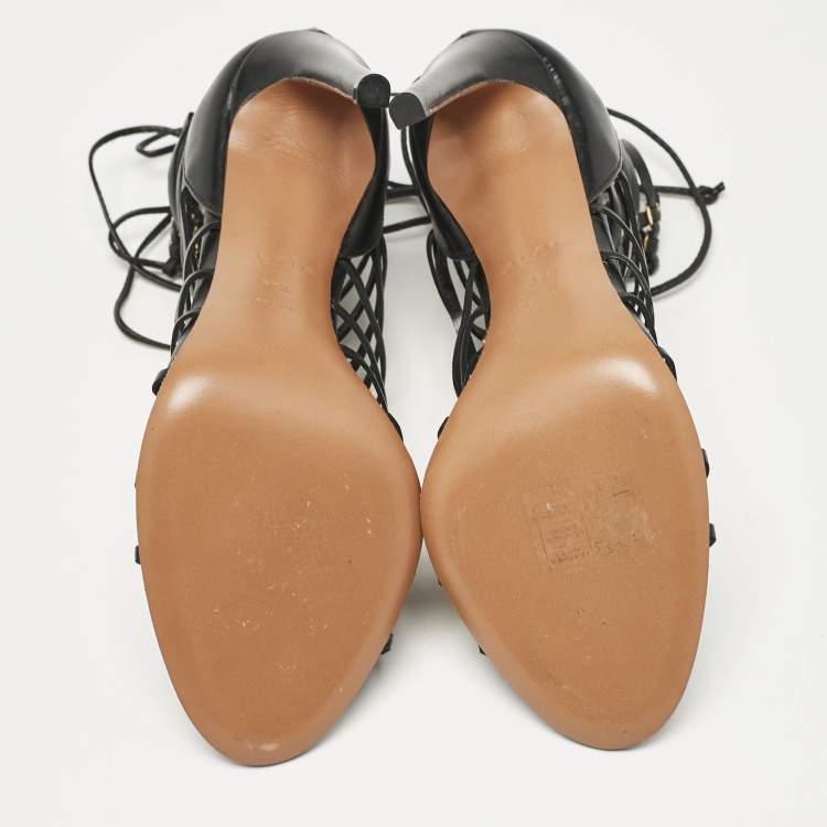 Pre Owned Alaia Black Leather Ankle Tie Sandals Size 37.5