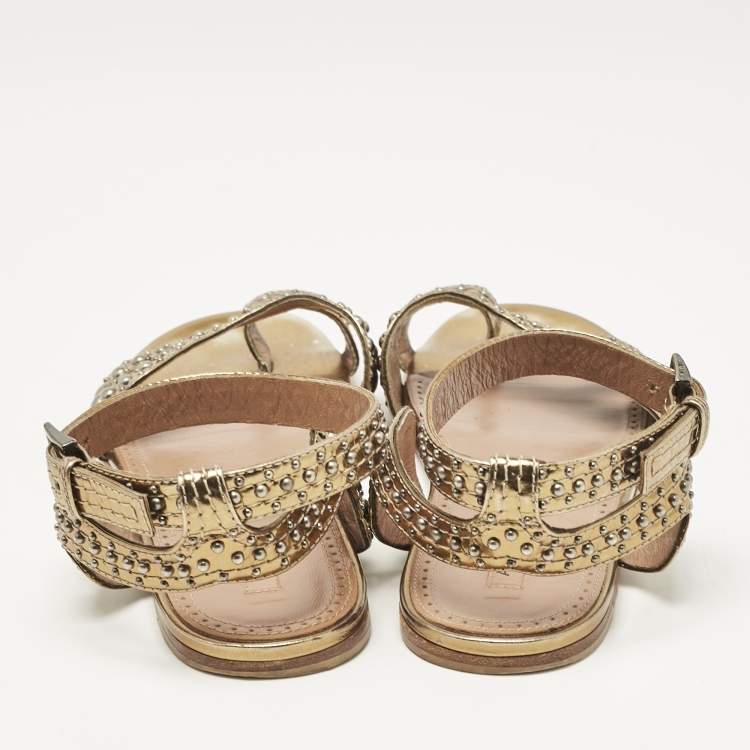 Pre Owned Alaia Gold Leather Embellished Ankle Strap Flat Sandals Size 37