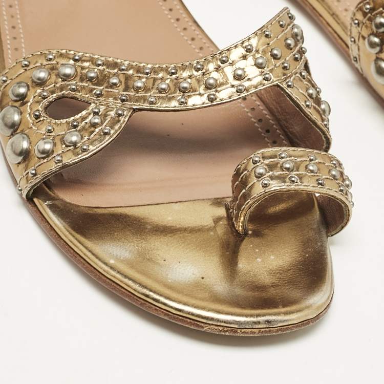Pre Owned Alaia Gold Leather Embellished Ankle Strap Flat Sandals Size 37