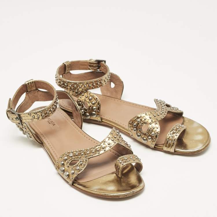 Pre Owned Alaia Gold Leather Embellished Ankle Strap Flat Sandals Size 37