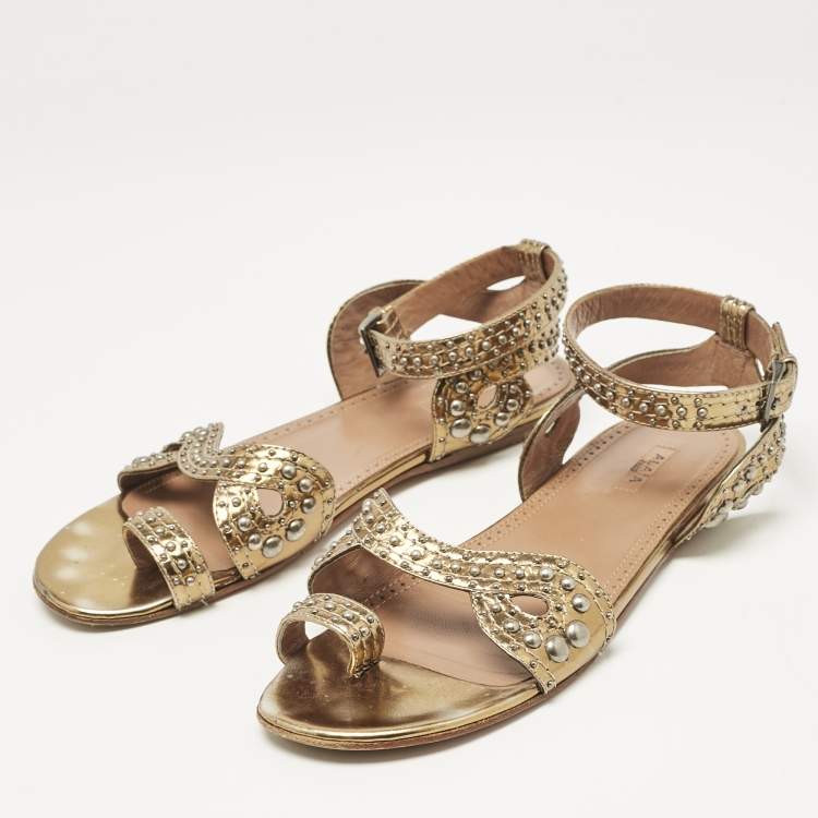 Pre Owned Alaia Gold Leather Embellished Ankle Strap Flat Sandals Size 37