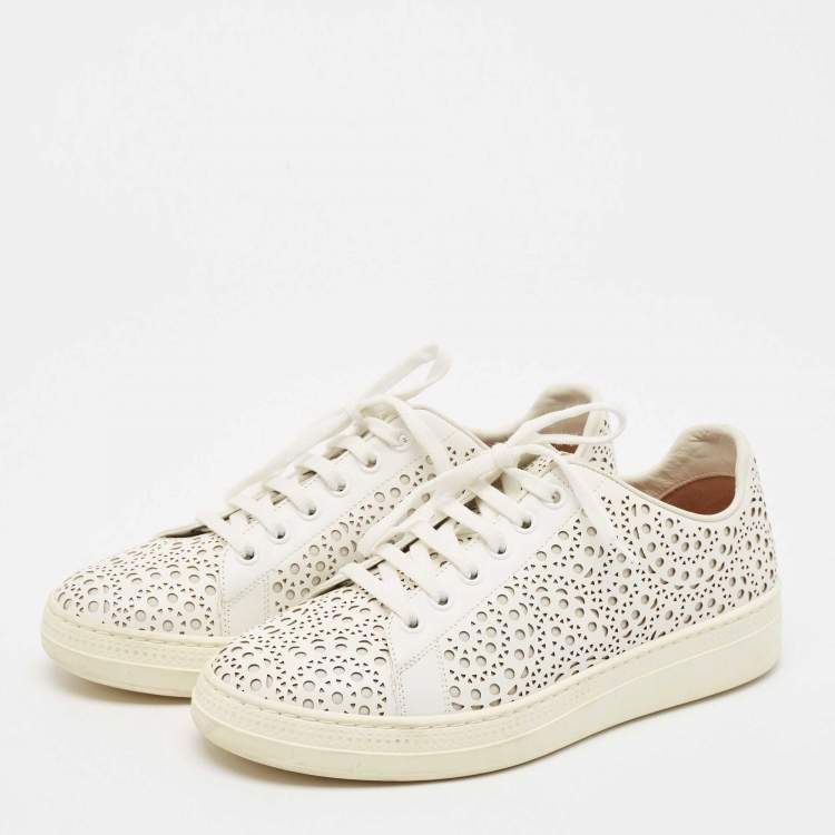 Pre Owned Alaia White Laser Cut Leather Low Top Sneakers Size 37
