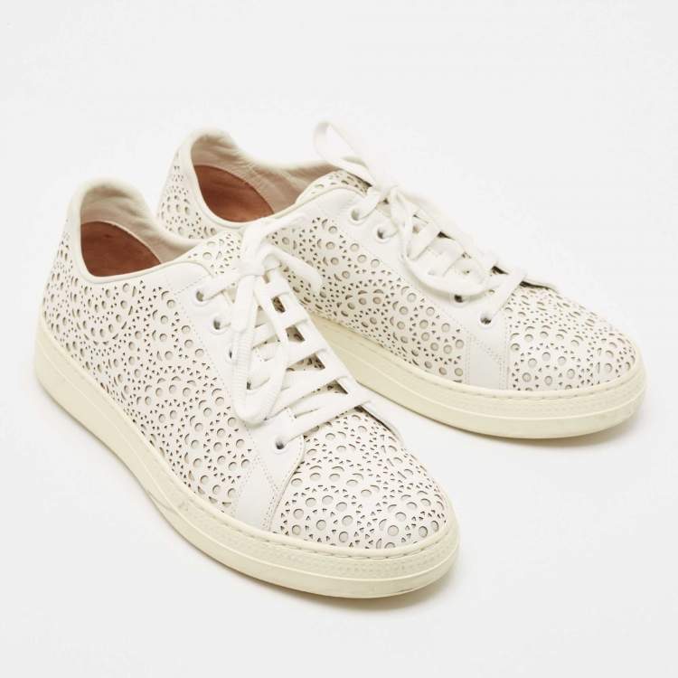 Pre Owned Alaia White Laser Cut Leather Low Top Sneakers Size 37