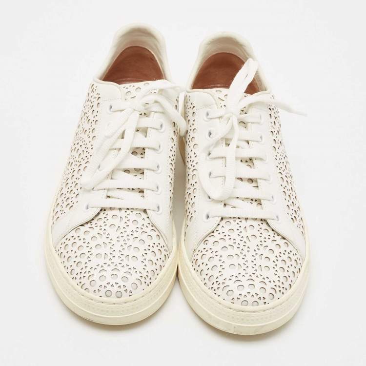 Pre Owned Alaia White Laser Cut Leather Low Top Sneakers Size 37