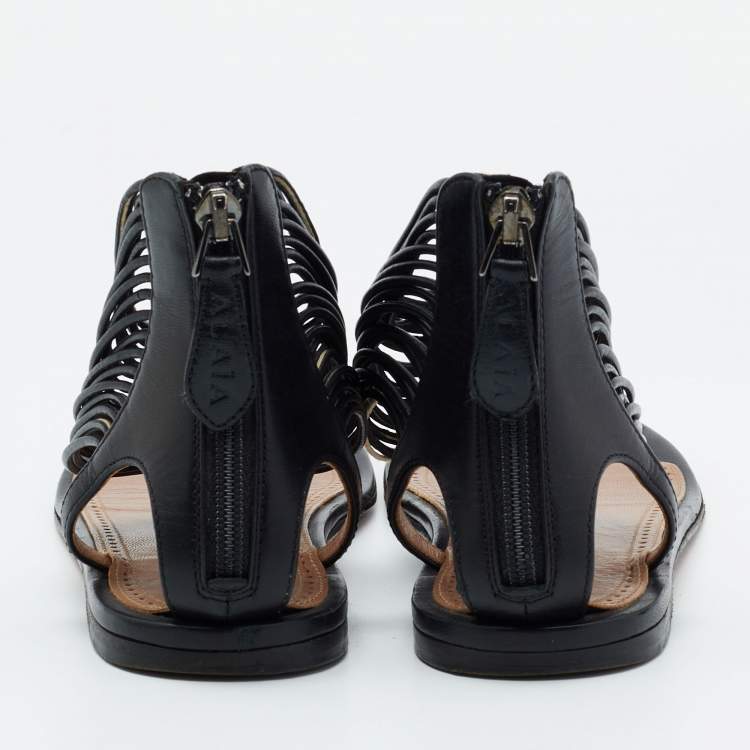 Pre Owned Alaia Black Leather T-Strap Flat Sandals Size 37.5