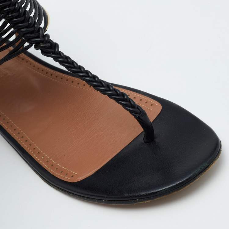 Pre Owned Alaia Black Leather T-Strap Flat Sandals Size 37.5