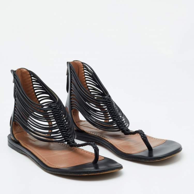 Pre Owned Alaia Black Leather T-Strap Flat Sandals Size 37.5