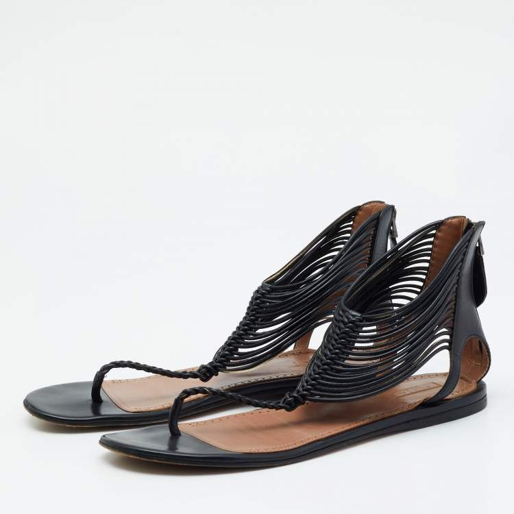 Pre Owned Alaia Black Leather T-Strap Flat Sandals Size 37.5